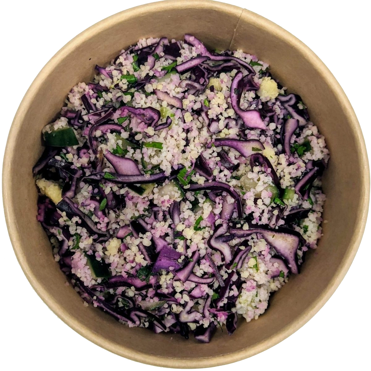 ensalada de cuscus con pepino, lombarda, hierbas aromáticas y vinagreta de limón
