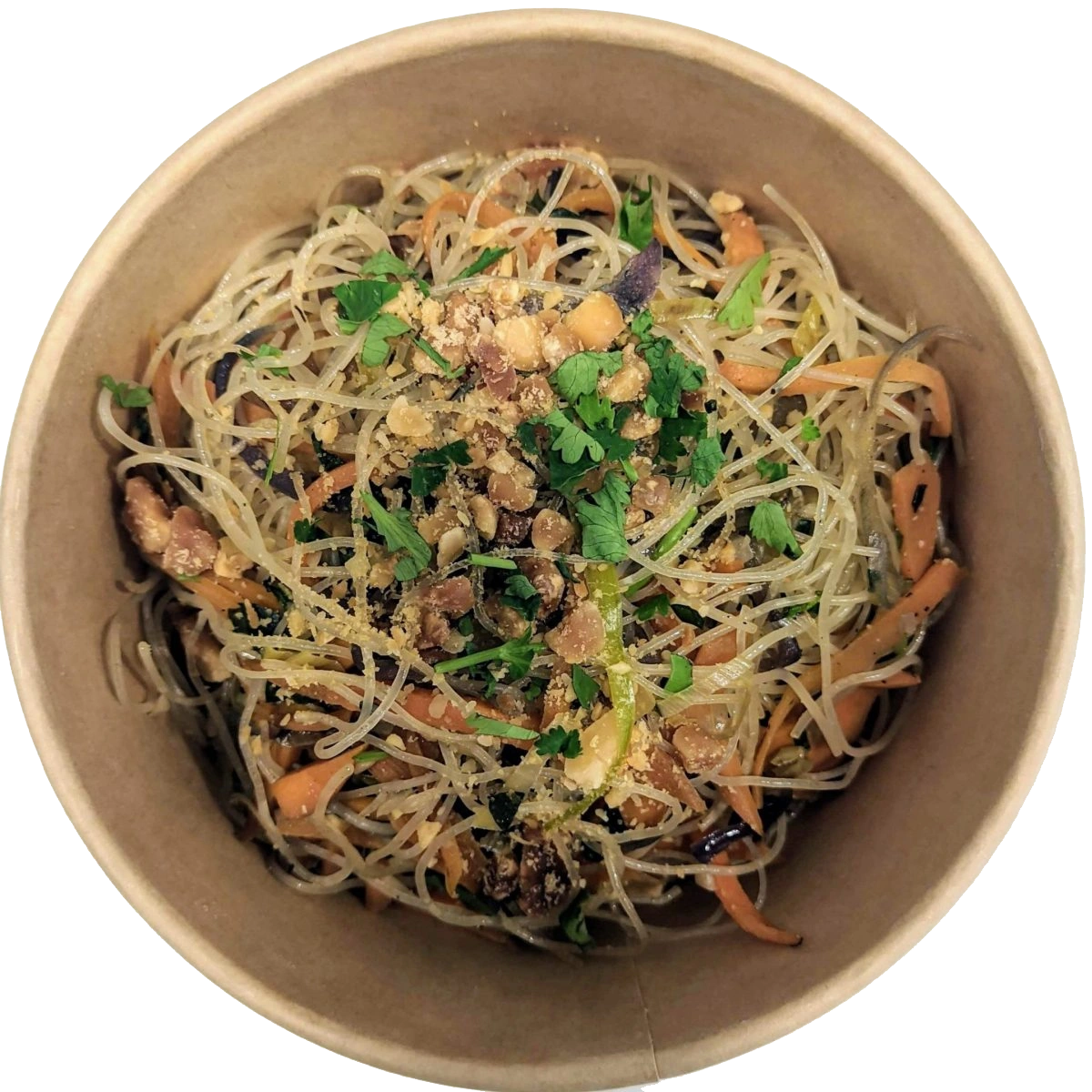 fideos de arroz salteados con verduras, salsa de soja, cacahuetes y hierbas aromáticas