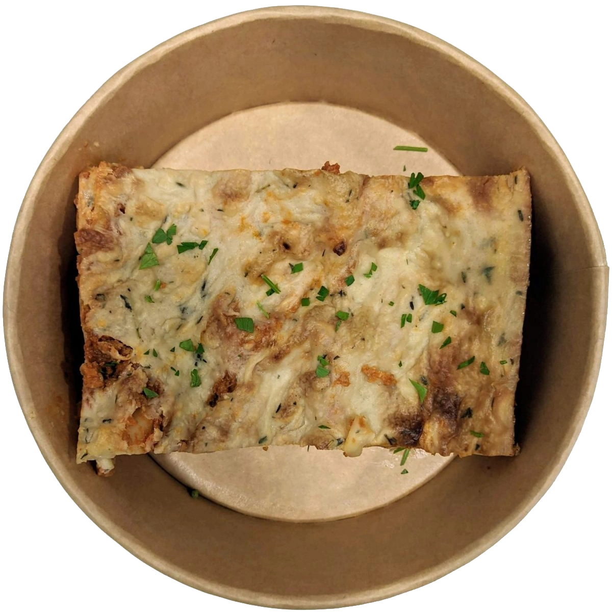 lasaña “voloñesa”. Nuestra lasaña vegana, con soja texturizada y “vechamel” de bebida de soja y aceite de oliva.