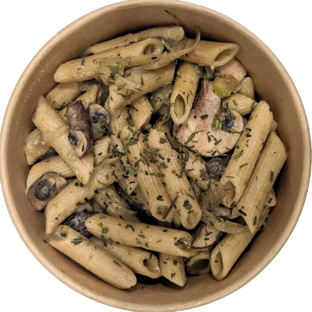 pasta integral con setas portobello e hinojo salteados