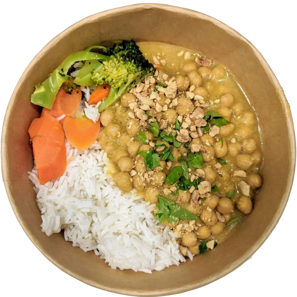 curry garbanzo con nuestro curry casero, arroz basmati, verduras al vapor, cacahuete y cilantro