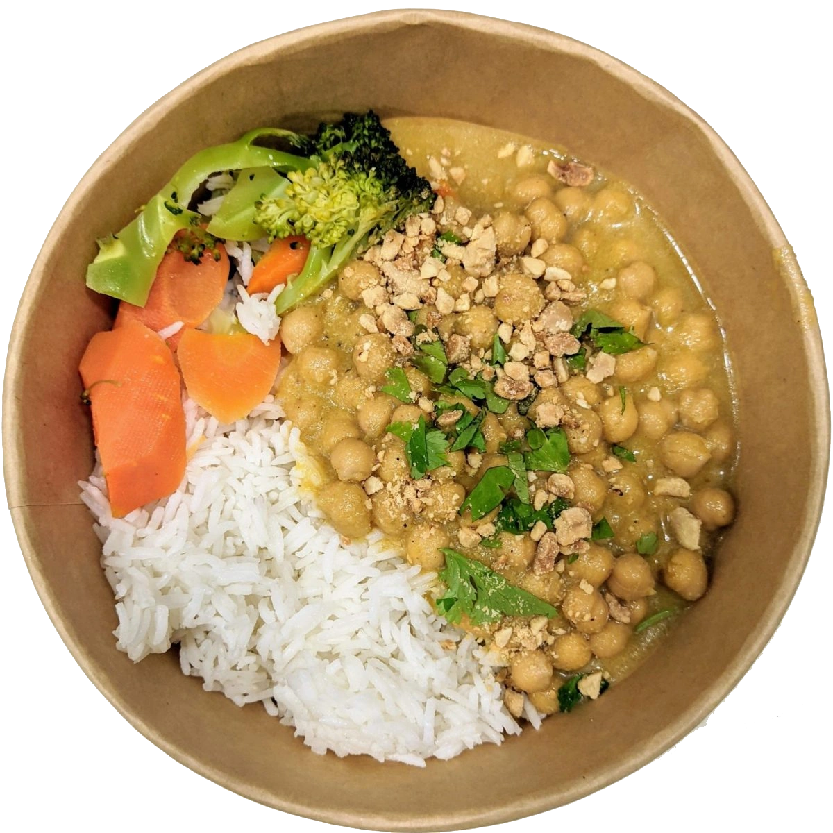 curry garbanzo con nuestro curry casero, arroz basmati, verduras al vapor, cacahuete y cilantro