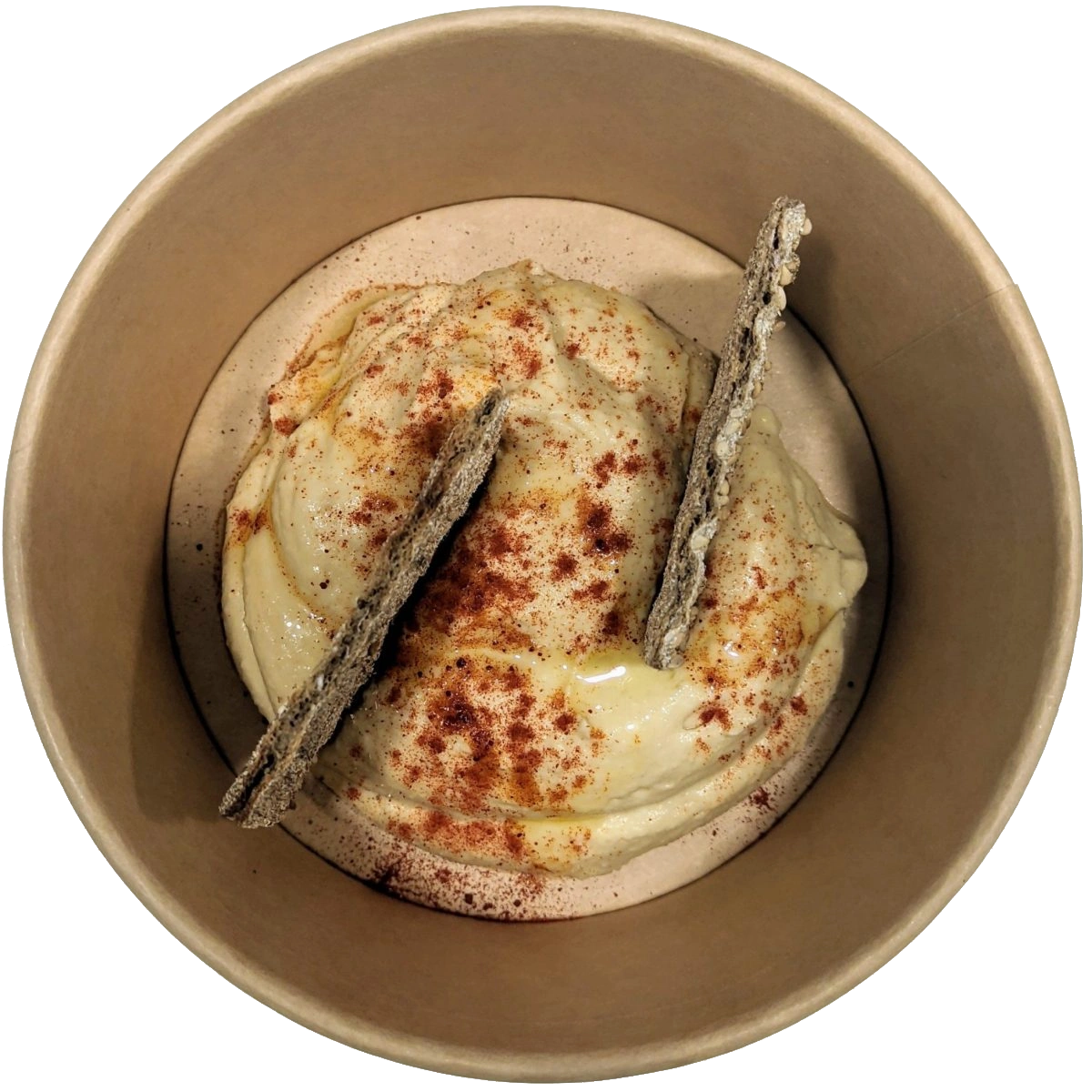 hummus de garbanzo, acompañado con pan de sésamo