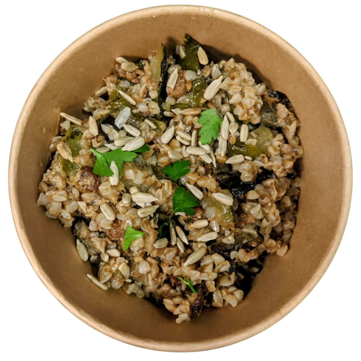 trigo sarraceno sin gluten. con tajine de verduras, pasas y pipas de girasol